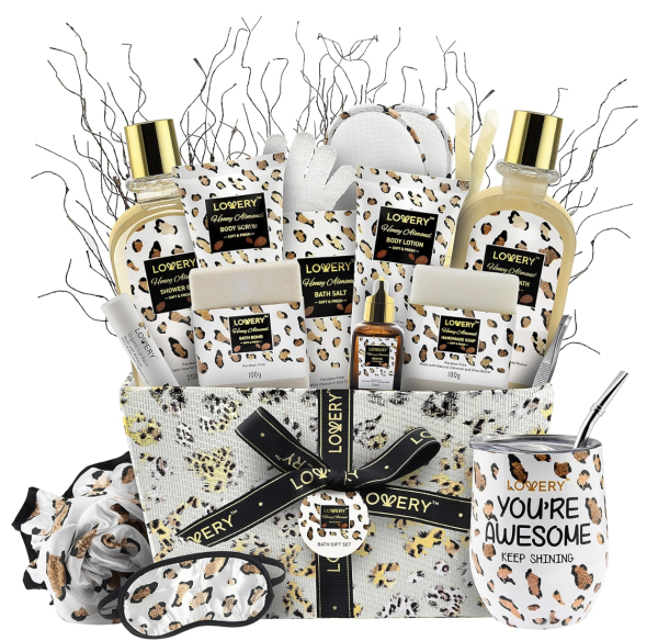 Mothers Day Home Spa Kit in Honey Almond Scent, Bath Gift Basket with Vit E-Rich Bath Essentials, Tumbler, Ear Candles, Bath Oil, Salts, Shower Steamer, Organic Lip Balm & More in Leopard Basket, 21Pc